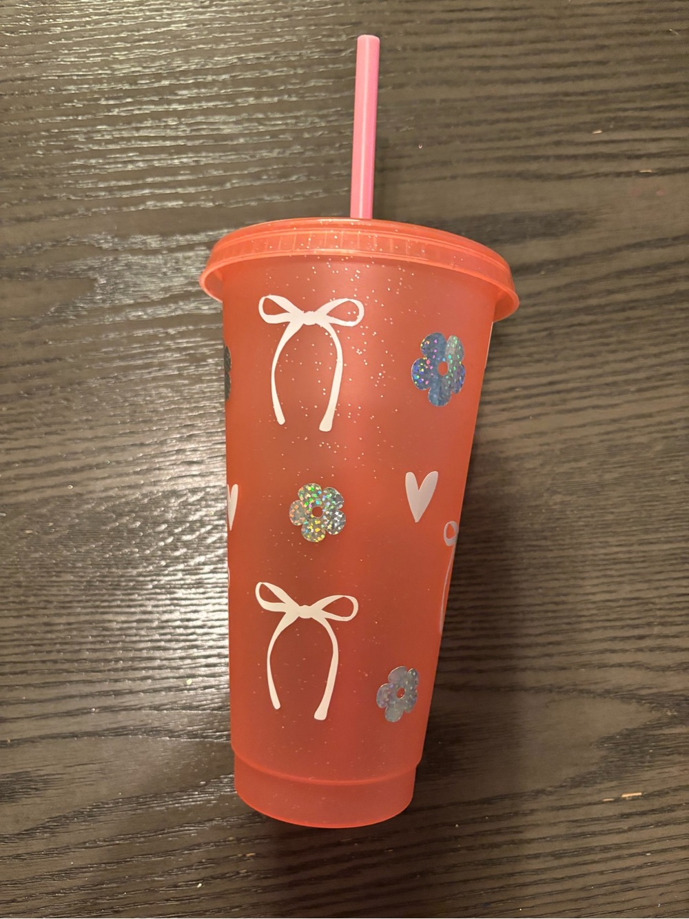 Pink Glitter Floral & Bow Reusable Tumbler with Straw
